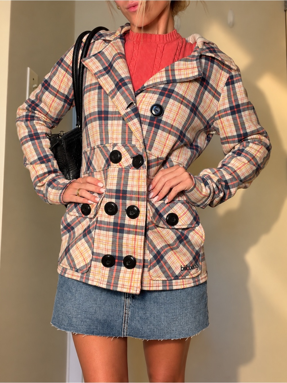 Vintage Billabong Plaid Hooded Jacket – Big Button Y2K Preppy Coat Size M